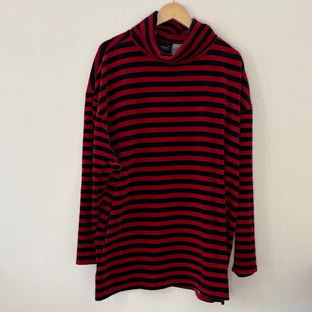 Vintage Whimsigoth Red Black Striped Velvet Tunic Top 3X Oversized Turtleneck